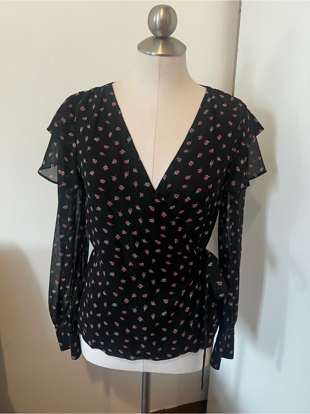 Club Monaco Black Floral Wrap Blouse with Pink Rose Print and Ruffled Sleeves